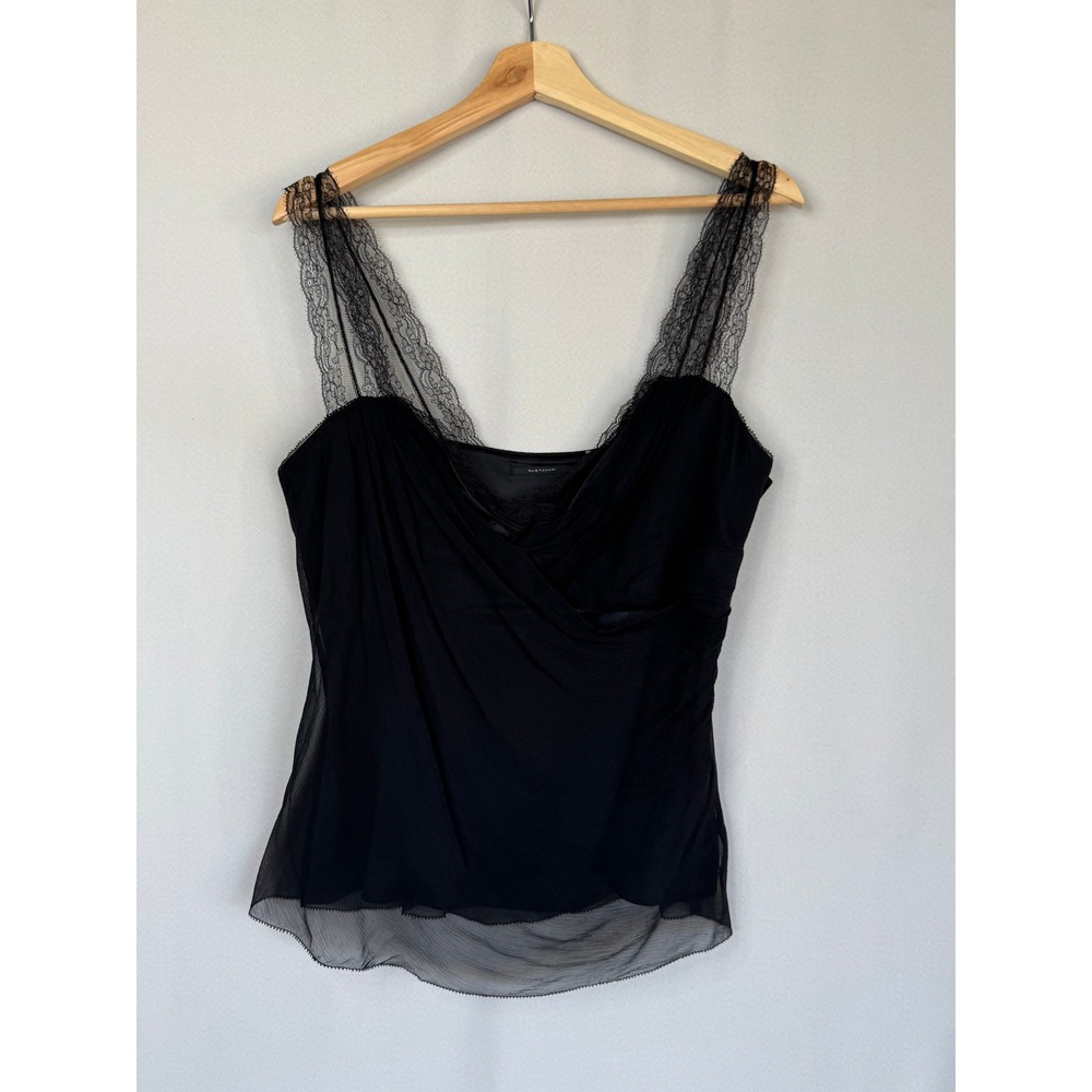 Vintage Y2K ELIE TAHARI Black Silk Satin Sheer Lace Strap Draped Camisole XL